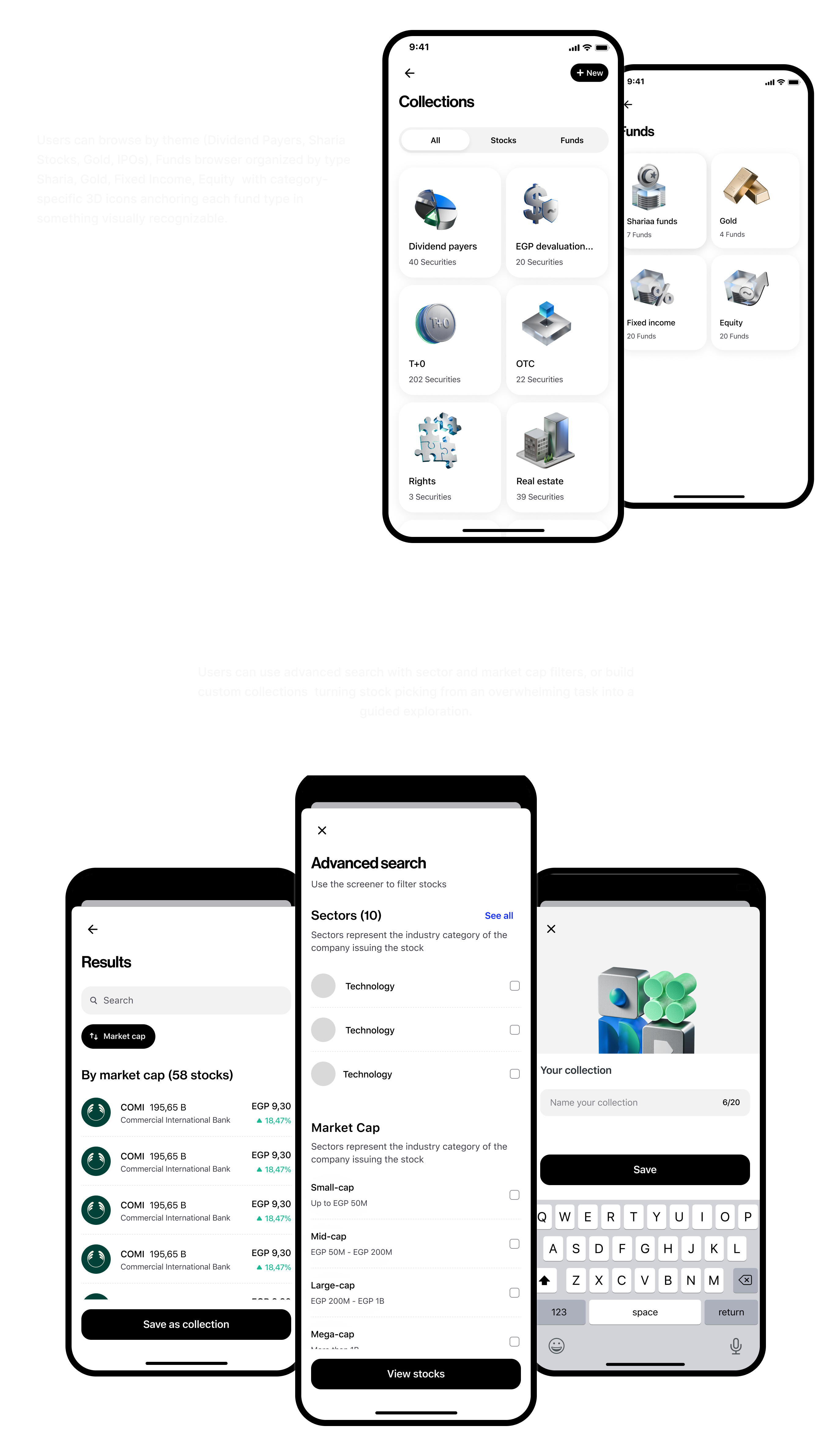 Telda collections grid, advanced search with sector and market cap filters, search results, and custom collection creation