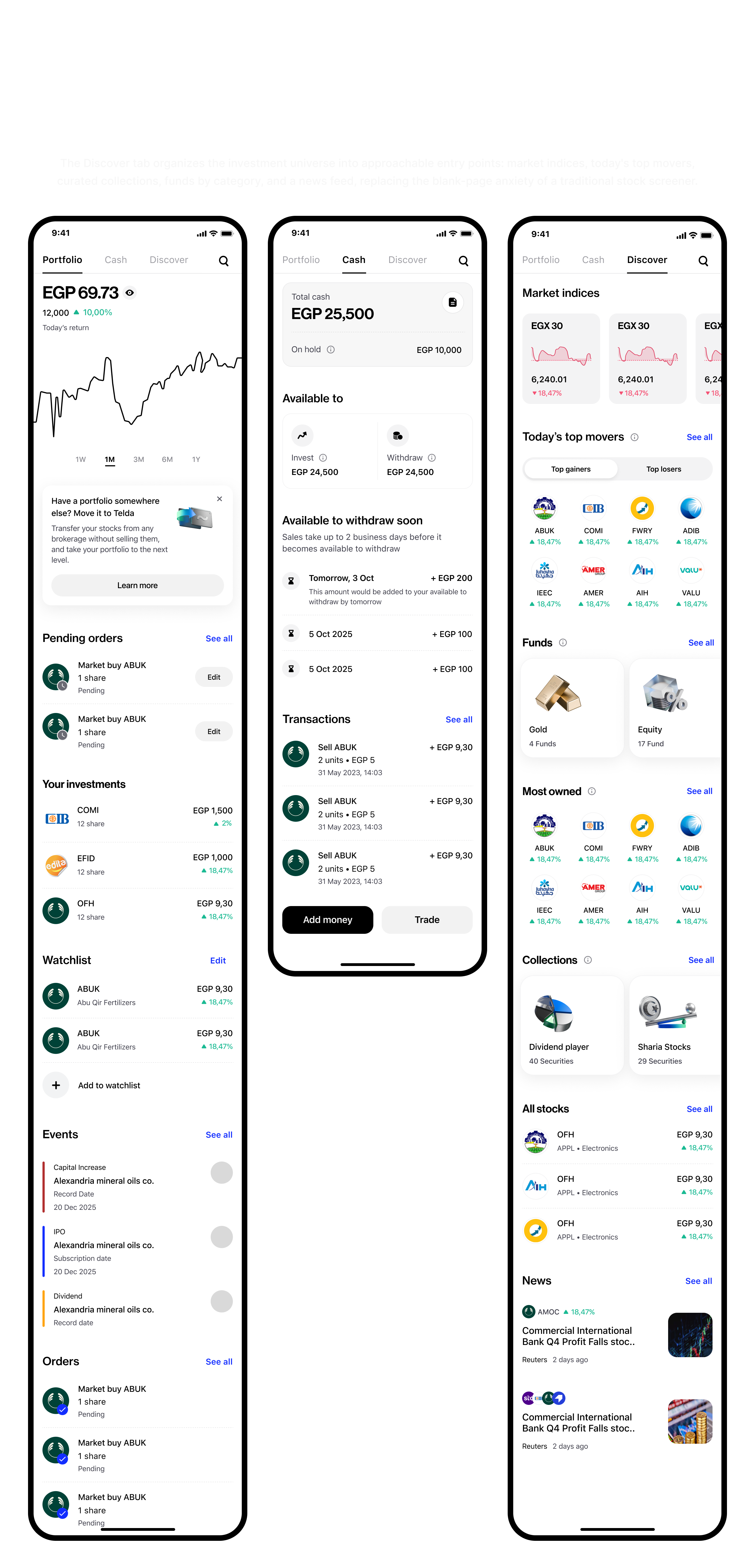 Telda Invest main navigation showing discover page, top movers with filters, funds categories, and stock detail